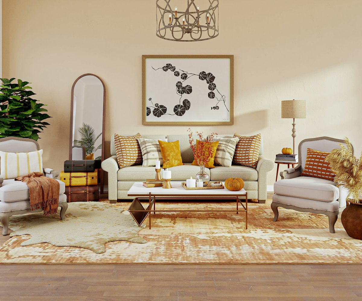 Living room with a sofa, armchairs and a fireplace